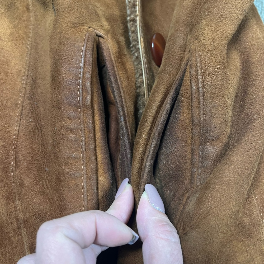 Women’s Brown Tan Suede Shearling Jacket XS/S Real Sheepskin Sherpa Fur Warm - Picture 15 of 16
